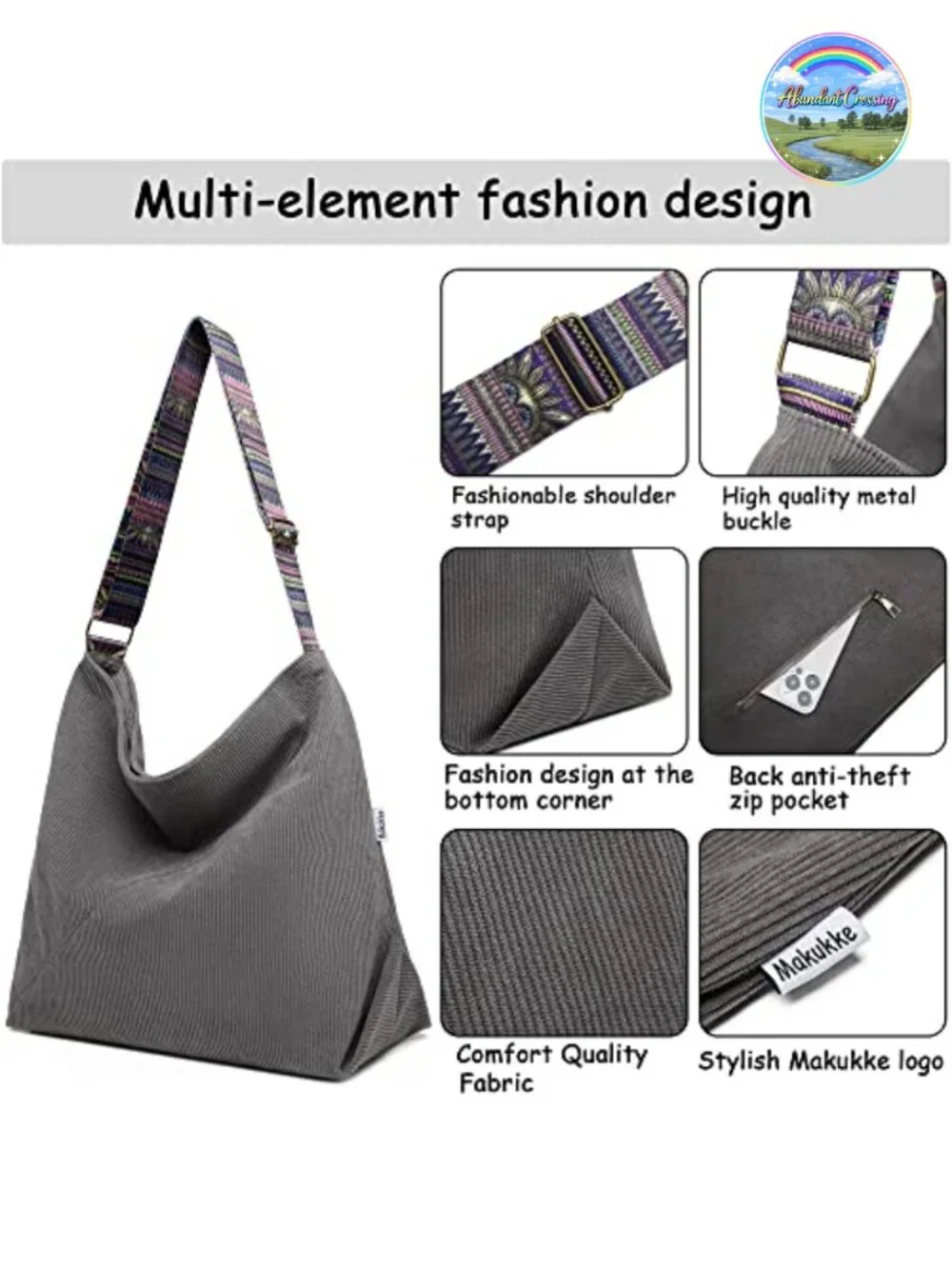 Corduroy Tote Bag Large Capacity Crossbody Shoulder Handbag